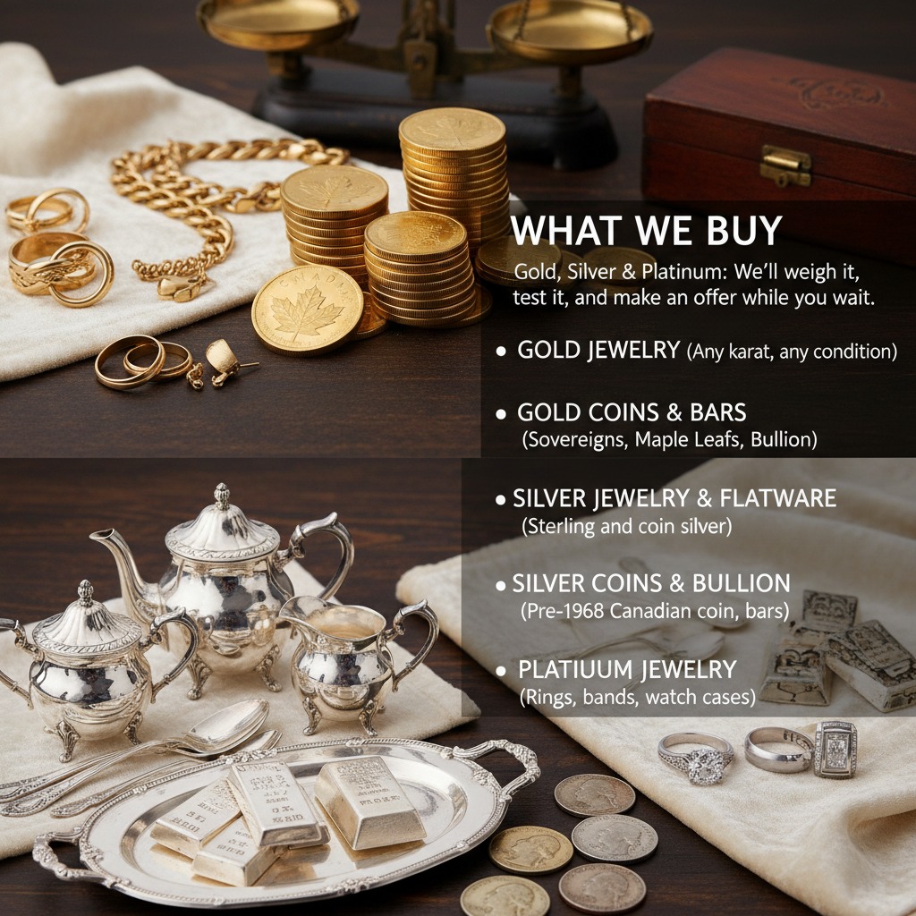 Stacks of gold coins, gold jewelry, and a brass scale sit on a wooden table next to a text overlay that reads "What We Buy," detailing items purchased such as gold, silver, and platinum.