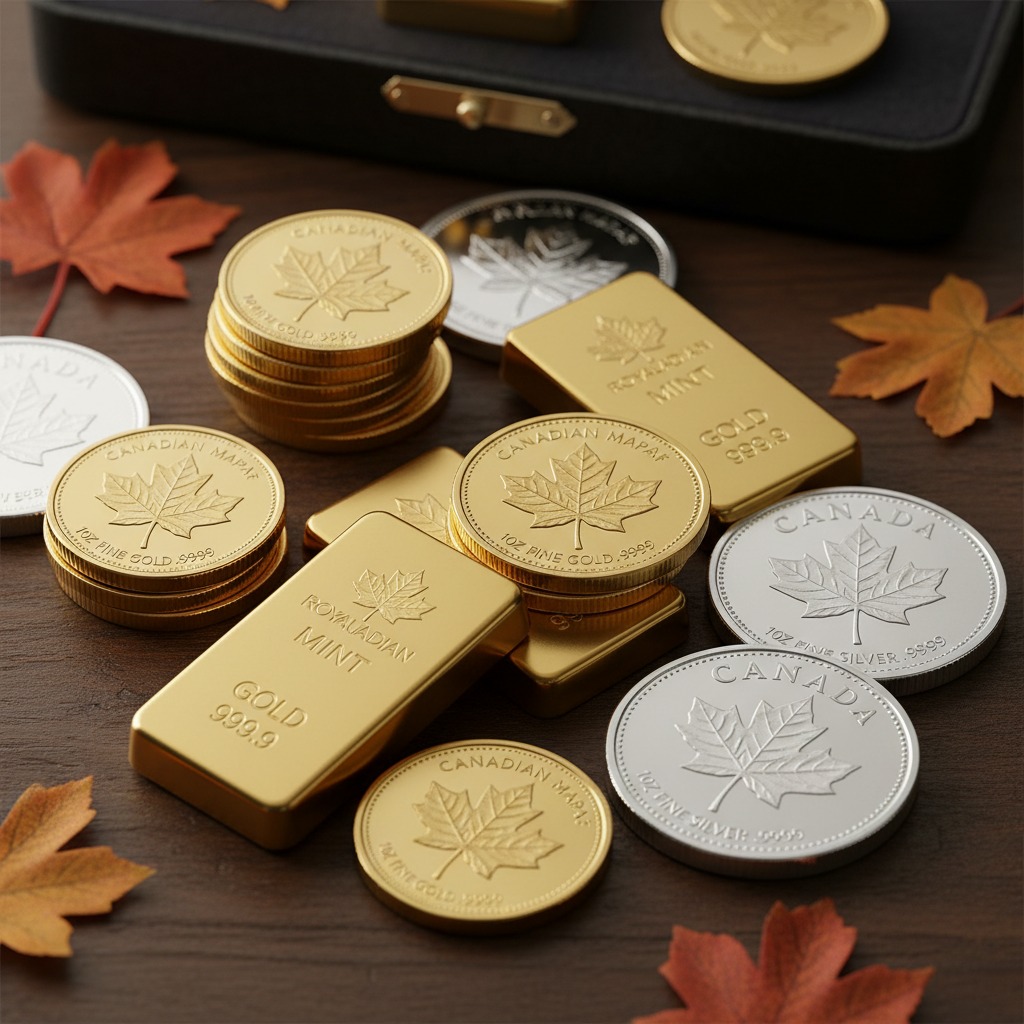 Gold and silver bars and coins featuring maple leaf designs are arranged on a dark wooden surface with autumn leaves.